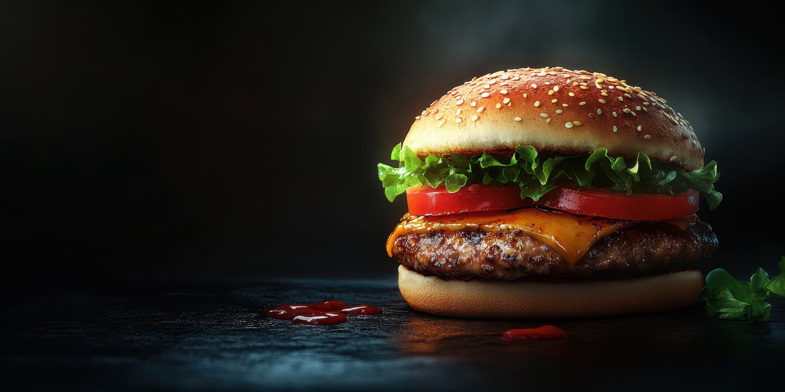 Juicy hamburger with fresh vegetables and toppings placed on a dark surface, ideal for a delicious meal or snack